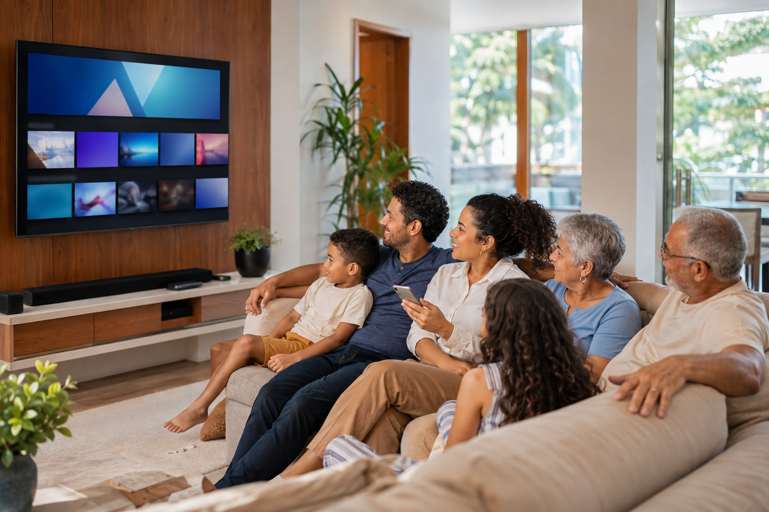 Família assistindo TV por streaming em uma sala moderna